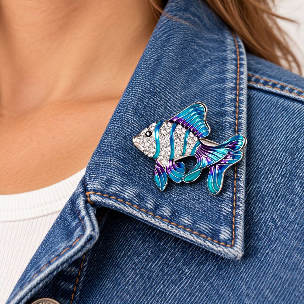 Tropical Fish Brooch Pin Rhinestone Blue Teal Purple Enamel Silver Tone 2"